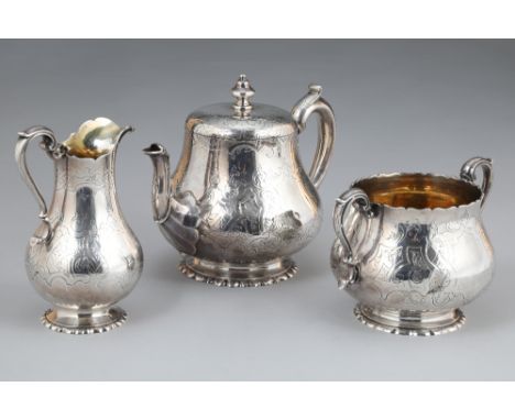 Victorian three piece silver tea service, with decoration monogrammed C.  Assay marked London 1853. 48oz