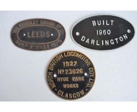 Two relief cast metal loco engine plates, The Hunslet Engine Co Leeds 80HP-No8933 1979 (brass, 21.5x12.7cm) and North British