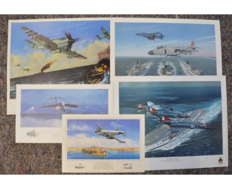 Five limited edition aviation prints, all signed in pencil by the artists, most with signatures of former relevant personnel 