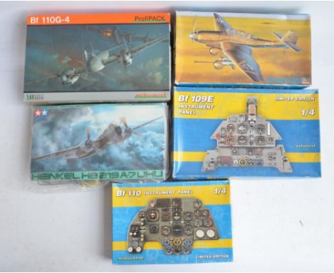 Collection of WWII Luftwaffe themed plastic aircraft model kits to include 1/4 scale 14001 and 14002 Bf110 and Bf190E instrum