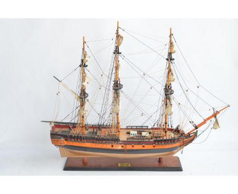 Well built wooden plank on frame static model of HMS Surprise, likely from the 1/75 scale Mamoli kit, approx L84xW27xH73cm, m