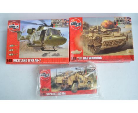 Three 1/48 scale Operation Herrick plastic model kits from Airfix to include AO7300 BAe Warrior armoured fighting vehicle (sp