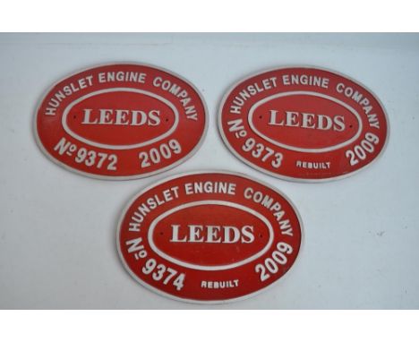 Three relief cast metal Hunslet surface engine loco plates to include No9372, 9373 and 9374 (2009). Each W28.7xH20.3cm 