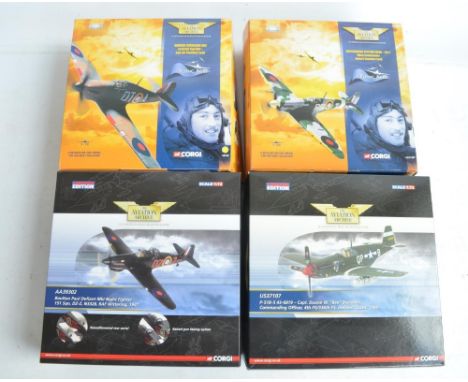 Four 1/72 scale WWII era diecast model aircraft models from The Corgi Aviation Archive range to include US37107 P-51B (limite