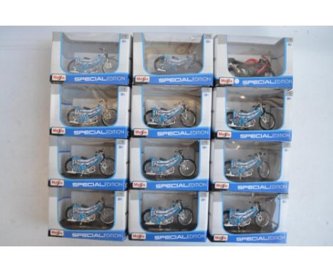 Twelve boxed 1/18 scale plastic special edition motorcycle models from Maisto to include 11x Speedway and 1x Suzuki GSX-R 100