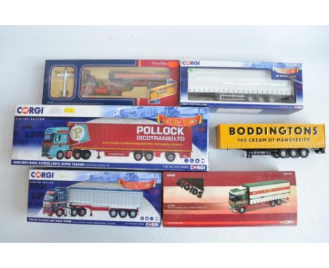 Collection of 1/50 scale diecast truck and trailer models from Corgi to include CC15801 Mercedes-Benz Actross (MP4) Super Tra