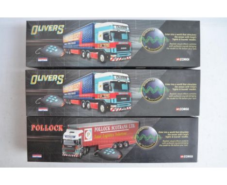 Three limited edition Corgi 1/50 scale 'Sights &amp; Sounds' series diecast model trucks to include CC12931 Scania Topline cu