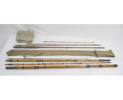 A pair of vintage fishing rods. To include a split cane three-section fly rod sold by the A.W. Gamage department store, with 