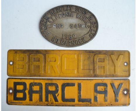 Relief cast metal engine plate, Andrew Barclay Sons &amp; C0 Ltd, No 649, Caledonia Works Kilmarnock 1980 (24.7x18.3cm) and 2