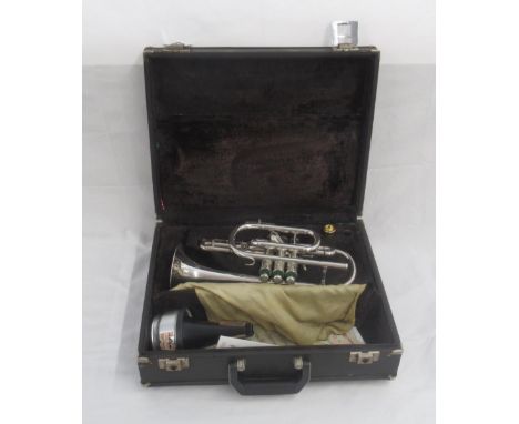 Boosey &amp; Hawkes silver plated Sovereign cornet with Globe logo, serial no. 921-686556, with Denis Wick 4C mouthpiece, Den