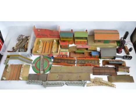 Large collection of vintage Hornby Meccano O gauge tin plate and metal layout accessories including stations, platforms, leve