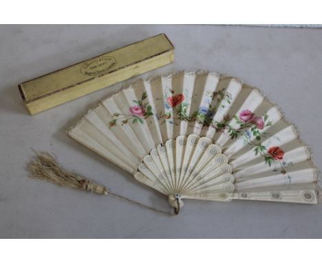 LIBERTY AND CO FAN - an original Liberty & Co. Ltd folding fan with pierced and carved bone guards and sticks forming a fonta