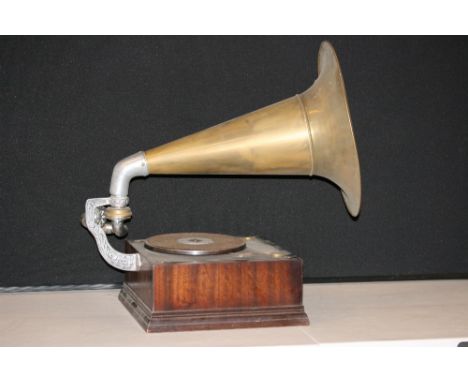 GRAMOPHONE - a charming homemade wind up gramophone featuring vintage long brass horn and a HMV No.5A soundbox.