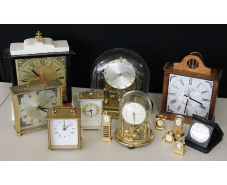 CLOCKS - a collection of 13 mantle and miniature clocks to include a glass dome anniversary clock and a window clock, feature