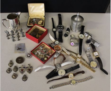 WATCHES - MEDALS - MISC - a selection of costume jewellery, watches and coins to include 7 silver sports medals dated 1949-51