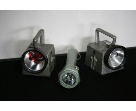 VINTAGE TRAIN TORCHES - 2 railway worker lamps with green and red colour filters and a safety torch.