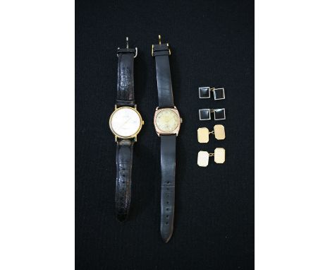 9CT GOLD - a selection of 9ct items to include 2 pairs of cufflinks (one pair gold) and 2 watches - one of which features a g