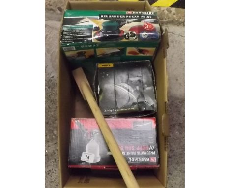 CARTON WITH AIR POWERED SANDER, SPRAY GUN, LONG HANDLED WIRE BRUSH, SANDING DISC &amp; VARIOUS TAPE &amp; DYE SETS