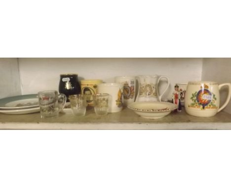 SHELF OF COMMEMORATIVE MUGS, PLATES ETC