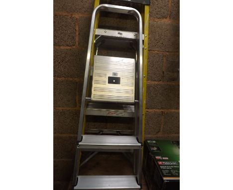 AN ALUMINIUM 3 TREAD STEP LADDER &amp; A 5 TREAD SWING BACK FIBRE STEP LADDER