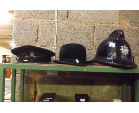 BLACK LONDON FIRE BRIGADE HELMET, A BOWLER HAT &amp; BLACK PEEK HAT