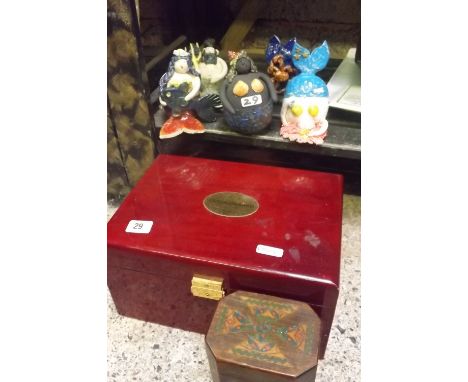 SHELF WITH JOY DAVIS POTTERY BATHROOM ORNAMENTS &amp; LARGE REDWOOD JEWEL CASKET BY ASTON GERARD, TEA CADDY &amp; BRIC -A-BRA