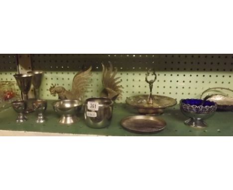 SHELF WITH PLATED FIGHTING COCK'S, GOBLETS ETC