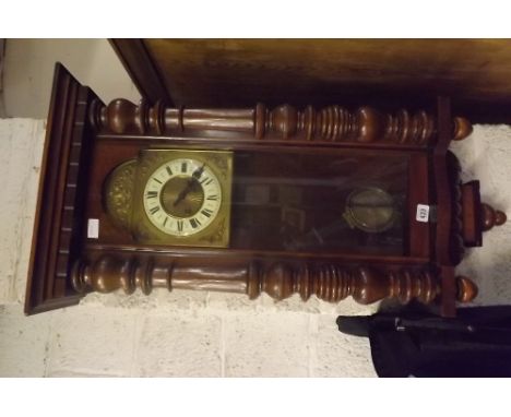 MAHOGANY VIENNA WALL CLOCK WITH BRASS &amp; ENAMEL FACE (GLASS FRONT LOOSE)