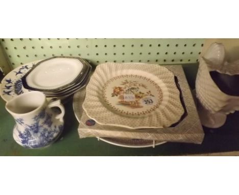 SHELF OF VARIOUS PLATES, JUG ETC