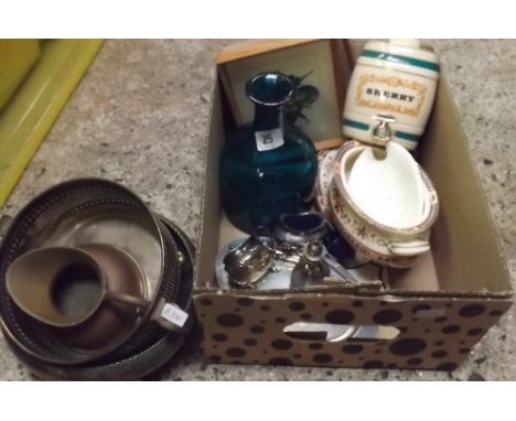 SHELF OF MIXED PLATED WARE &amp; CARTON WITH SMALL WADE SHERRY BARREL &amp; OTHER BRIC-A-BRAC