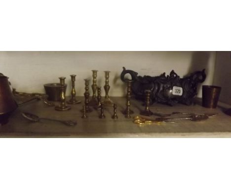 SHELF OF VARIOUS BRASS &amp; COPPER WARE