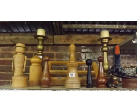 SHELF WITH VARIOUS TREEN ITEMS INCL; BOOK REST, CANDLE STICKS GOLD PAINTED &amp; A DUCK