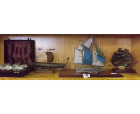 SHELF WITH 3 MODEL BOATS &amp; A SET OF 6 WHITE METAL GOBLETS