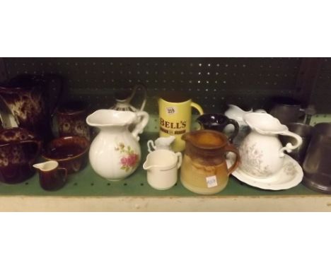 SHELF OF POTTERY JUGS &amp; PEWTER MUGS