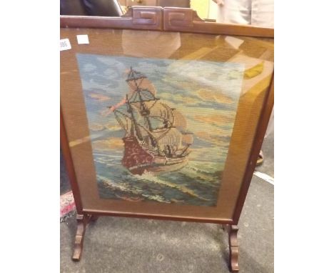 1950's EMBROIDERED FIRE SCREEN OF A GALLION