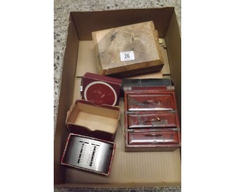 WOODEN TOOLBOX WITH SHOES BUCKLES, VINTAGE SET OF WEIGH SCALES IN BOX, METAL MONEY BOX &amp; MINIATURE SET OF DRAWERS