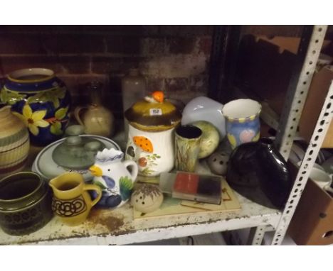 SHELF OF MISC VASES, JUGS &amp; A STONE WATER BOTTLE