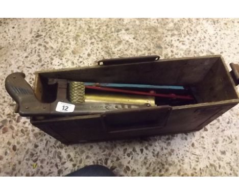 A WOOD BOX CONTAINING, HACKSAW,FOOT PUMP, GREASE PUMPS &amp; SMALL VICE
