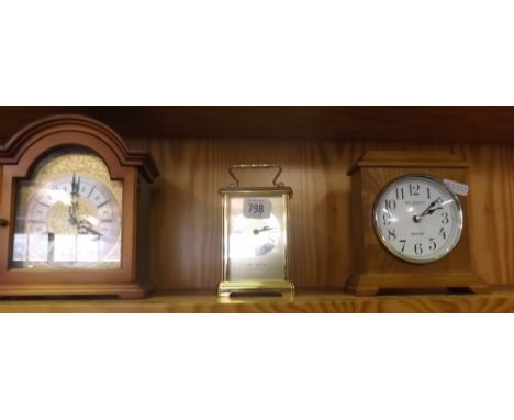 2 SMALL WOOD CASED MANTLE CLOCKS &amp; ONE BRASS CARRAIGE CLOCK