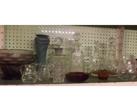 SHELF OF CUT GLASS DECANTERS, JUGS,FRUIT BOWLS ETC