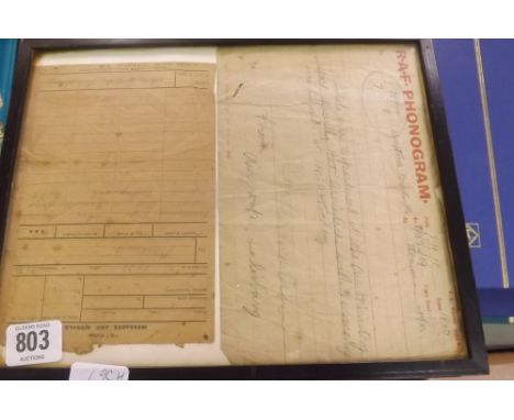 DEWARS SMALL SCOTCH WHISKY MIRROR &amp; AN RAF PHONOGRAM DATED 7/11/18 REGARDING THE ARMISTICE FIRST WORLD WAR