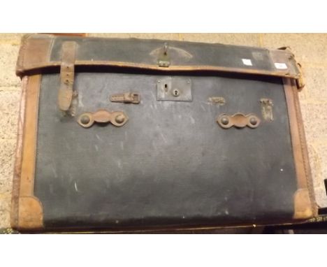 BLACK &amp; BROWN VINTAGE DOMED TRAVEL TRUNK