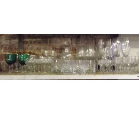 SHELF OF MIXED DRINKING GLASSES &amp; A DECANTER