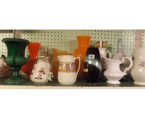 GOOD SHELF OF POTTERY &amp; GLASS JUGS &amp; VASES