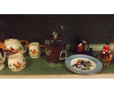 SHELF OF HUNTING POTTERY &amp; LEATHER &amp; PLATED ICE BUCKET