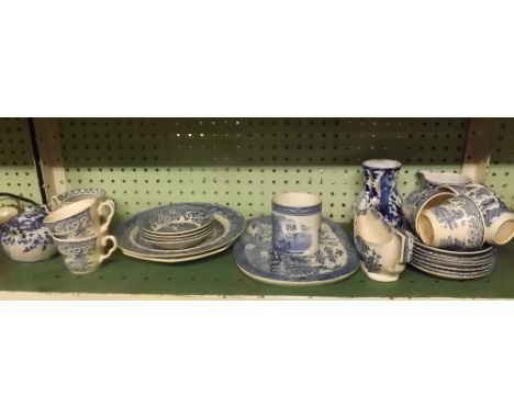 SHELF OF BLUE &amp; WHITE PLATES, CUPS, SAUCERS ETC