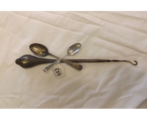 SILVER HANDLED BUTTON HOOK &amp; 3 SILVER TEA SPOONS