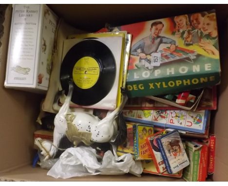 CARTON CONTAINING MISC CHILDREN'S CARD GAMES,HAPPY FAMILY, RUMMY, XYLOPHONE, 45 RPM RECORDS &amp; OTHER CHILDREN'S TOYS