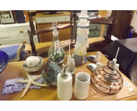 SHELF OF SHELLS, NORTICAL ORNAMENTS &amp; DECANTER OF MARBLES