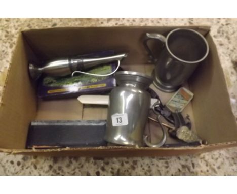 CARTON WITH PEWTER MUGS, VASE,HARMONICA &amp; VARIOUS OTHER METAL WARE